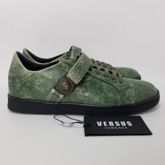 Versace Versus Camo Green Leather Strap Low Top Sneakers Lion Head FSX005C Sz 39 - Picture 1 of 12